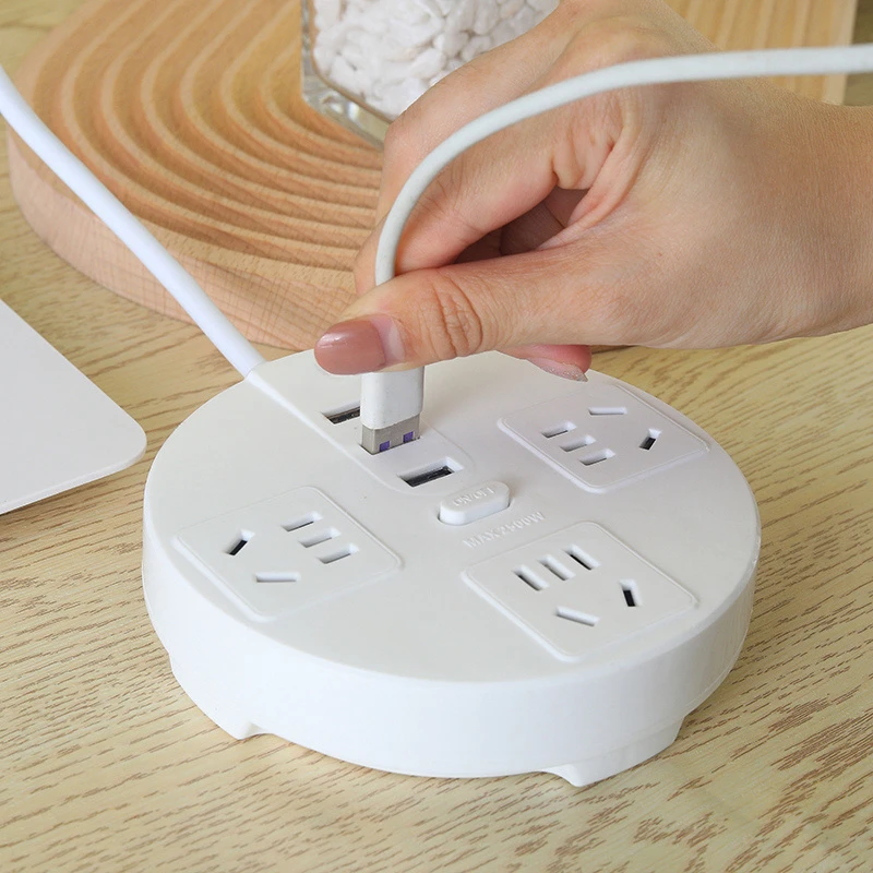 多功能插座带USB插排家用办公宿舍插板多口通用圆形居家功率阻燃