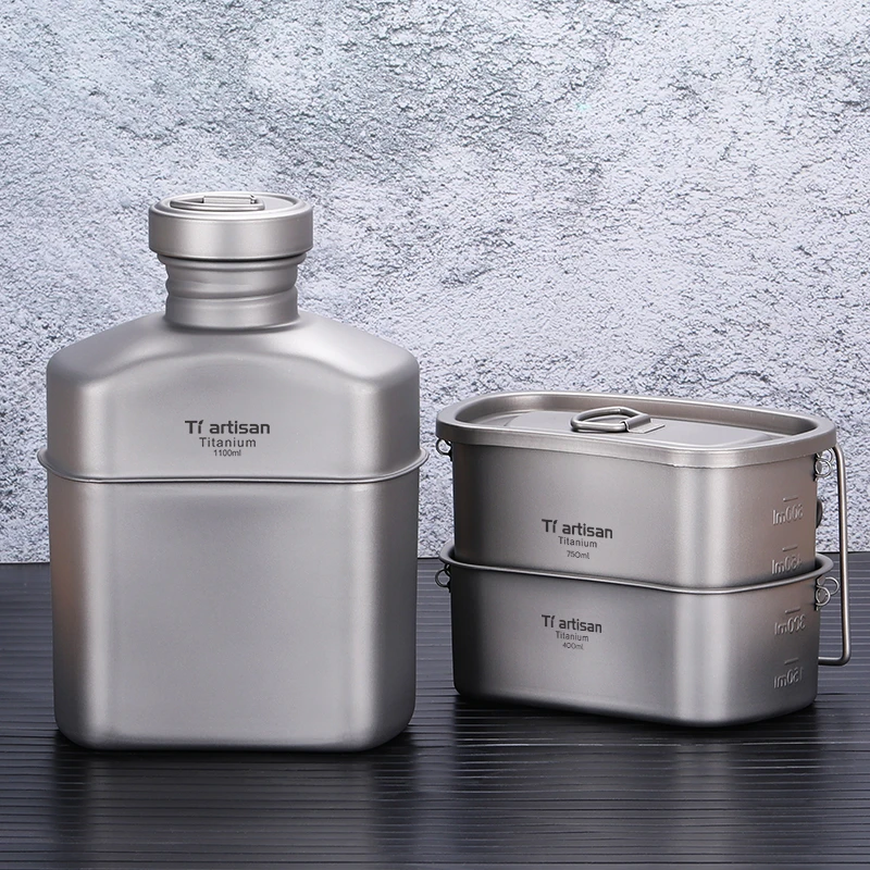 Tiartisan【微瑕】钛单兵水壶户外壶饭盒野营烧水壶便当盒餐具套装