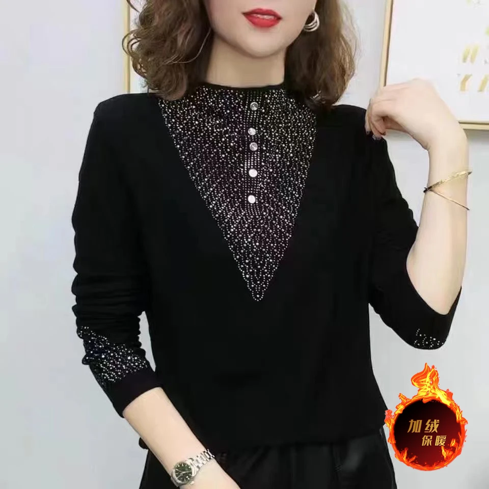 LW311【加绒时尚三角钻】螺纹时尚百搭半高领T恤亮钻黑色t恤女装夏