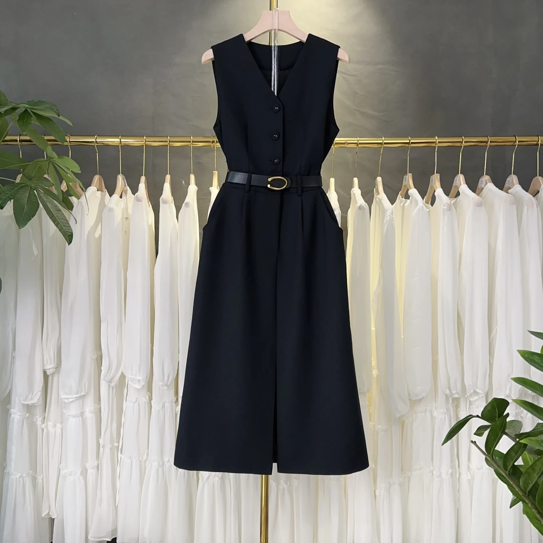 高级感黑色V领无袖连衣裙女士背心裙2025年夏季新款收腰显瘦裙子