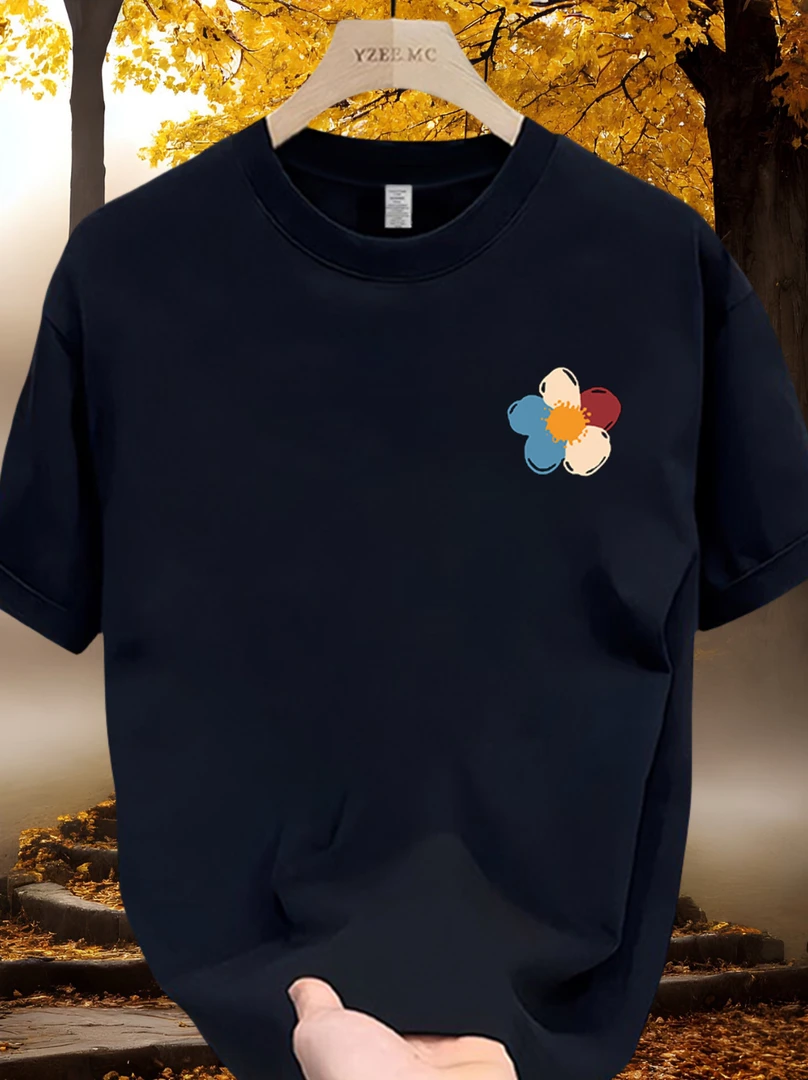 美式痞帅花朵印花纯棉短袖T恤男女百搭款夏季ins潮牌宽松圆领上衣