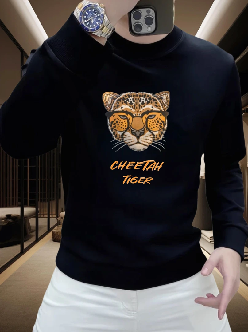 个性潮流眼镜豹印花重磅圆领卫衣痞帅街头宽松休闲时尚男潮流卫衣