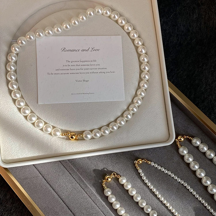 铜合金项链 施家磁吸扣正圆珠珠项链女叠戴毛衣链气质脖超仙颈链