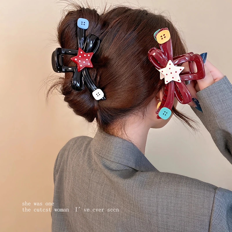 气质波点星星蝴蝶结发夹女可爱半扎发鲨鱼夹后脑勺头发盘发抓夹