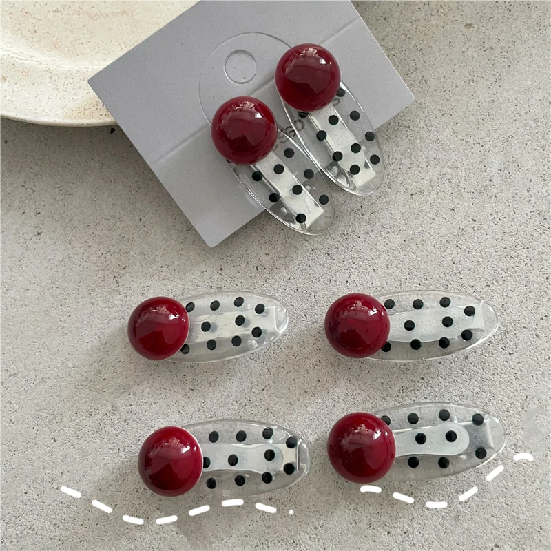 甜美少女红色仿珍珠发夹对夹可爱黑色波点椭圆鸭嘴夹刘海夹新款