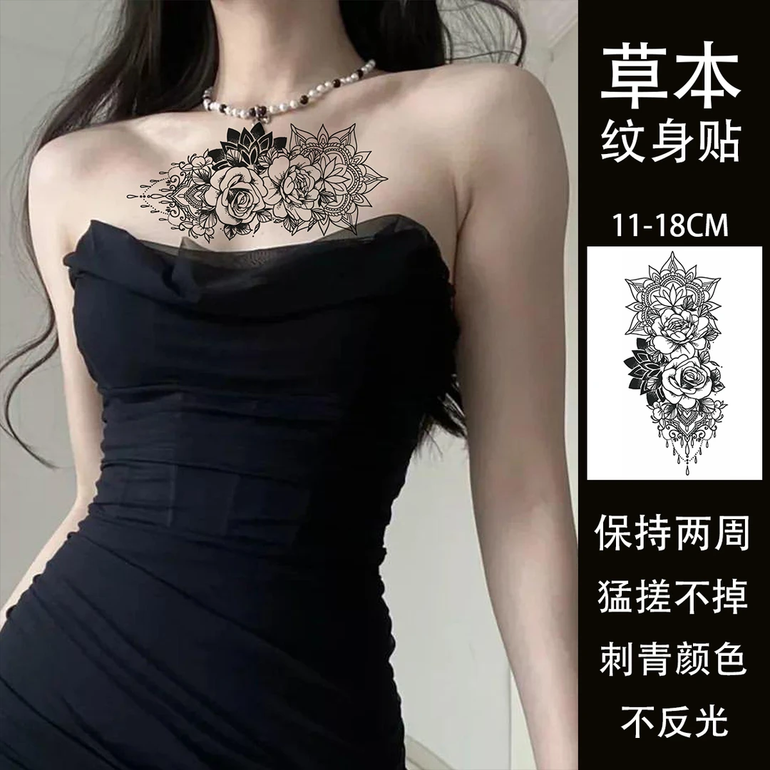 草本纹身贴纸花朵胸口线条刺青色仿真玫瑰花性感女神蔷薇花防水男