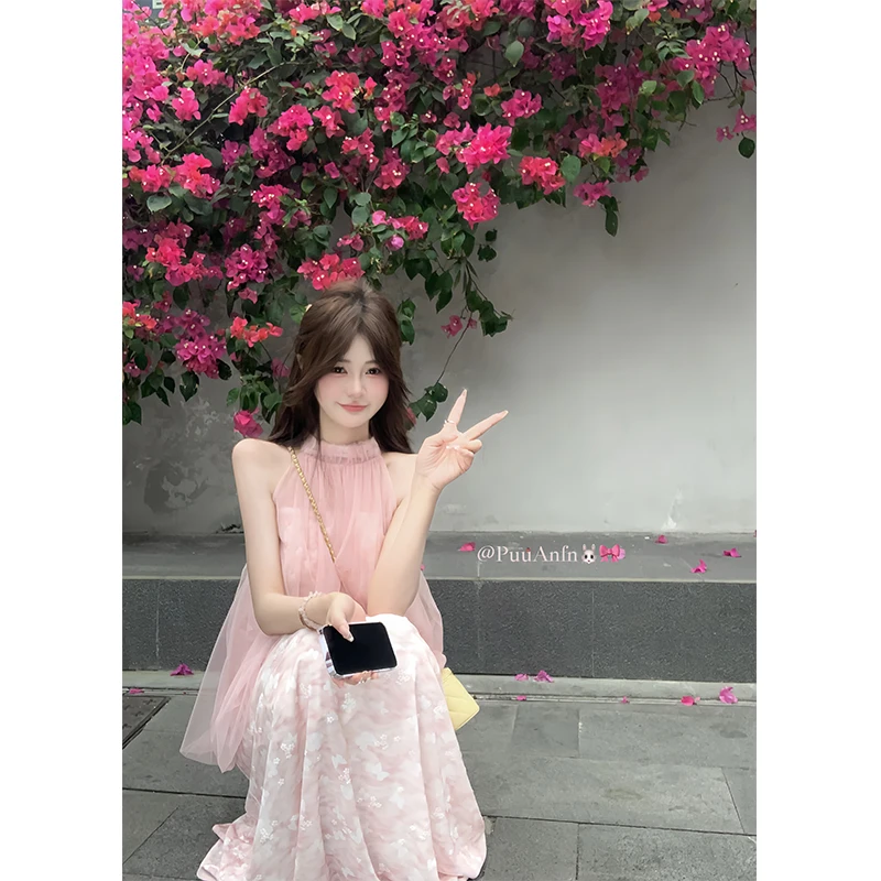 PuuAnfn【桃桃心事】甜美设计款挂脖网纱拼接连衣裙气质~