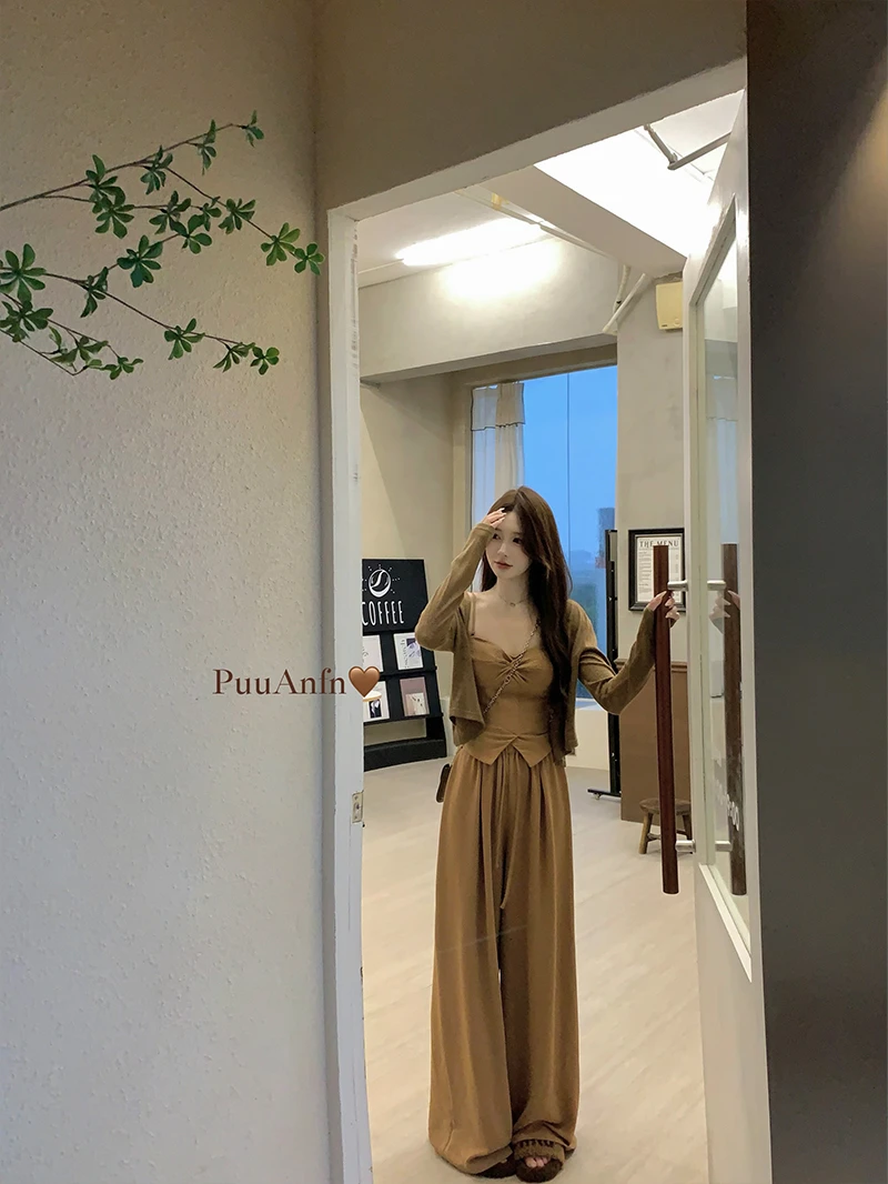 PuuAnfn【奶咖套装】时尚套装～韩版显瘦减龄背心吊带+宽松阔腿裤