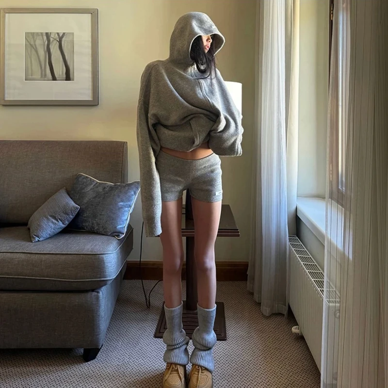 灰色连帽毛衣外套秋冬季慵懒风针织开衫拉链显瘦套装两件套女