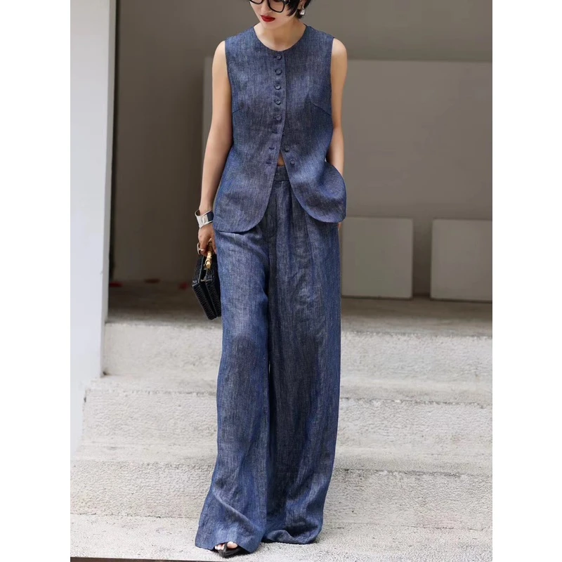 一整套穿搭松弛感套装牛仔蓝纯亚麻西装马甲阔腿裤又a又飒两件套