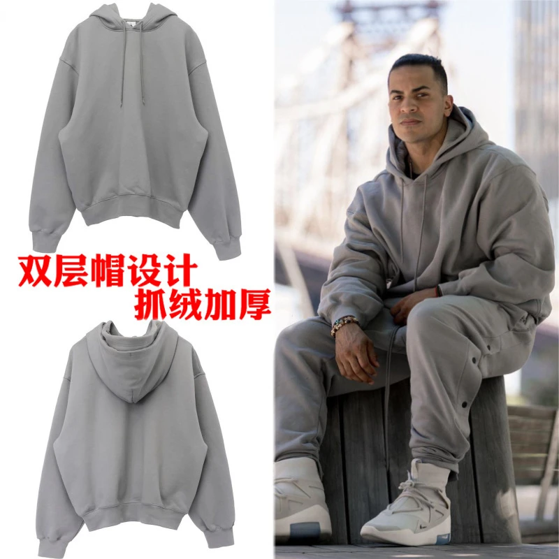 肌肉型男联名套头加绒运动卫衣时尚潮男健身衣双层帽秋冬宽松卫衣
