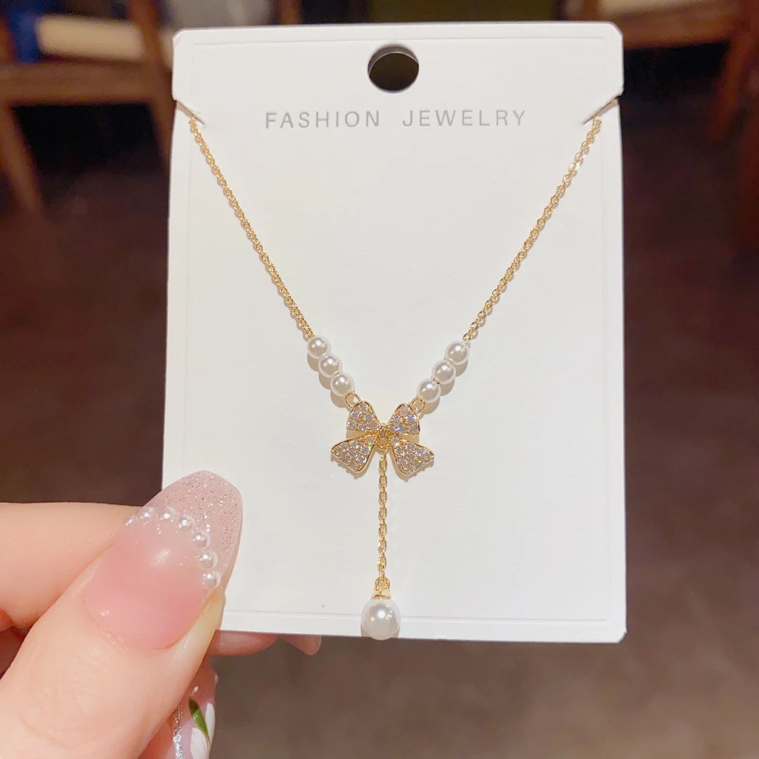 铜合金合成锆石项链 1969甜美小众轻奢首饰女新款蝴蝶结项链精致