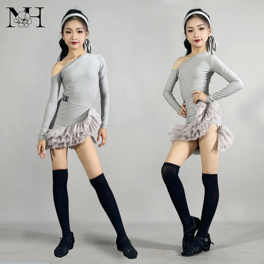 【特价】精美少儿拉丁舞服蓬蓬纱裙摆单肩训练服