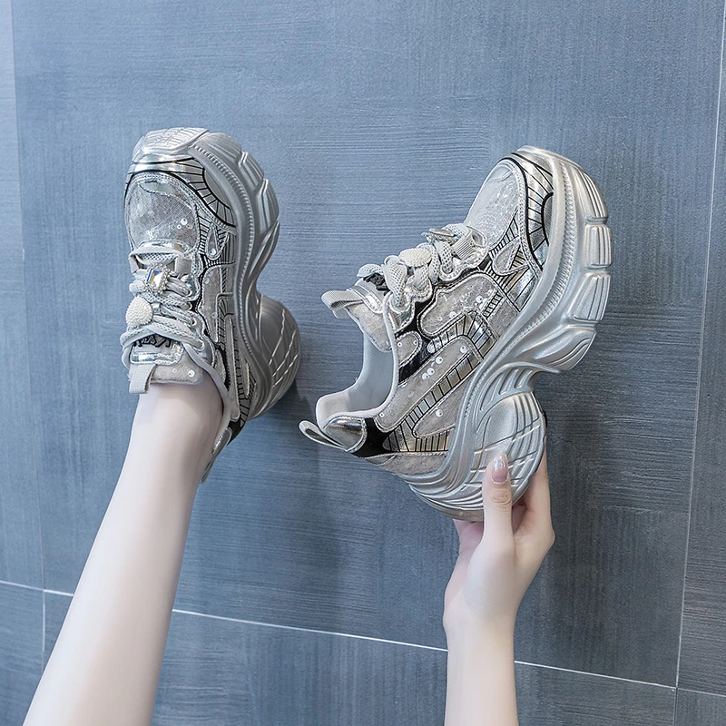 增高9cm老爹鞋女小白鞋2024夏季透气松糕鞋厚底运动休闲鞋9157-16