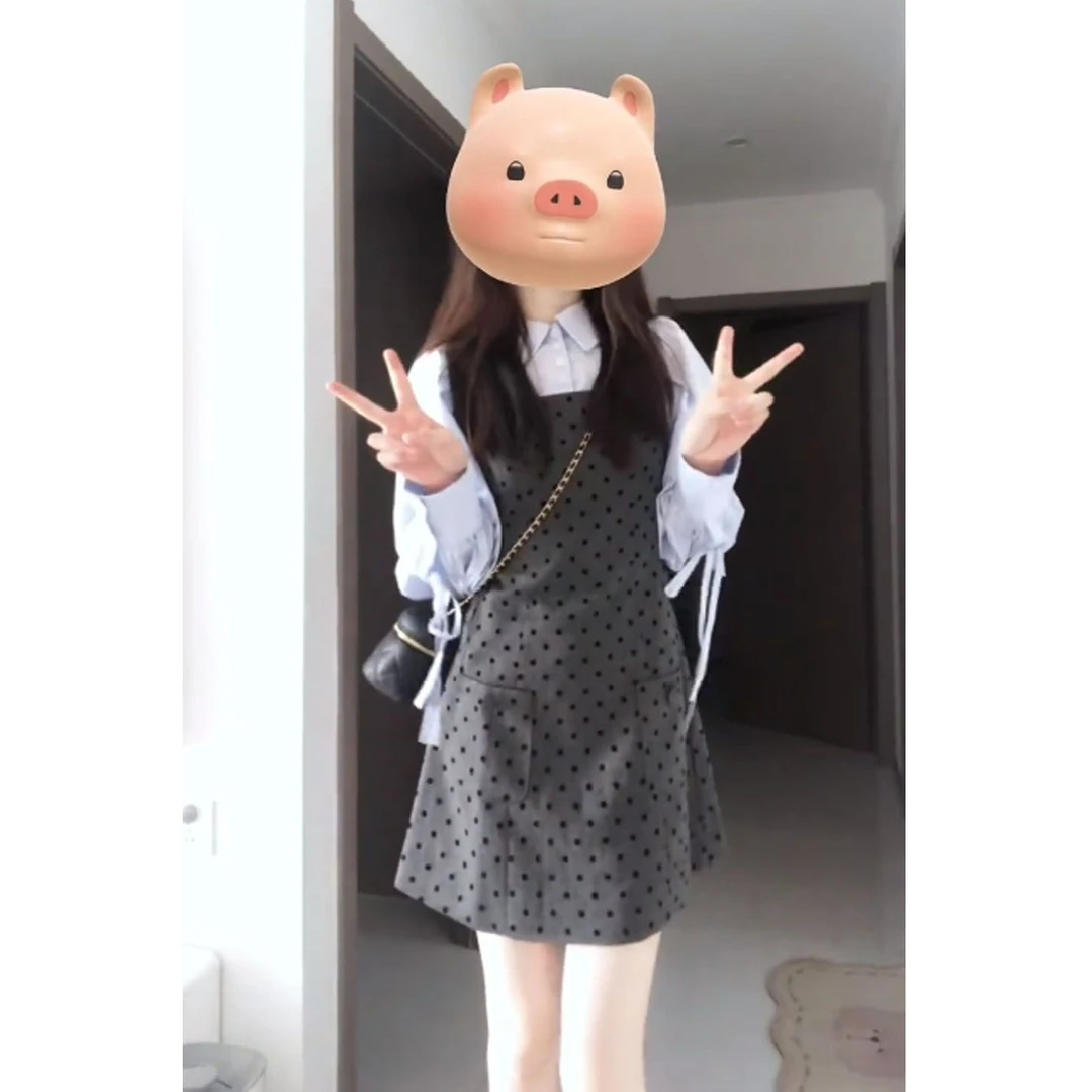 秋季新款洋气气质高级感系带长袖假两件/减龄波点显瘦连衣裙裙子