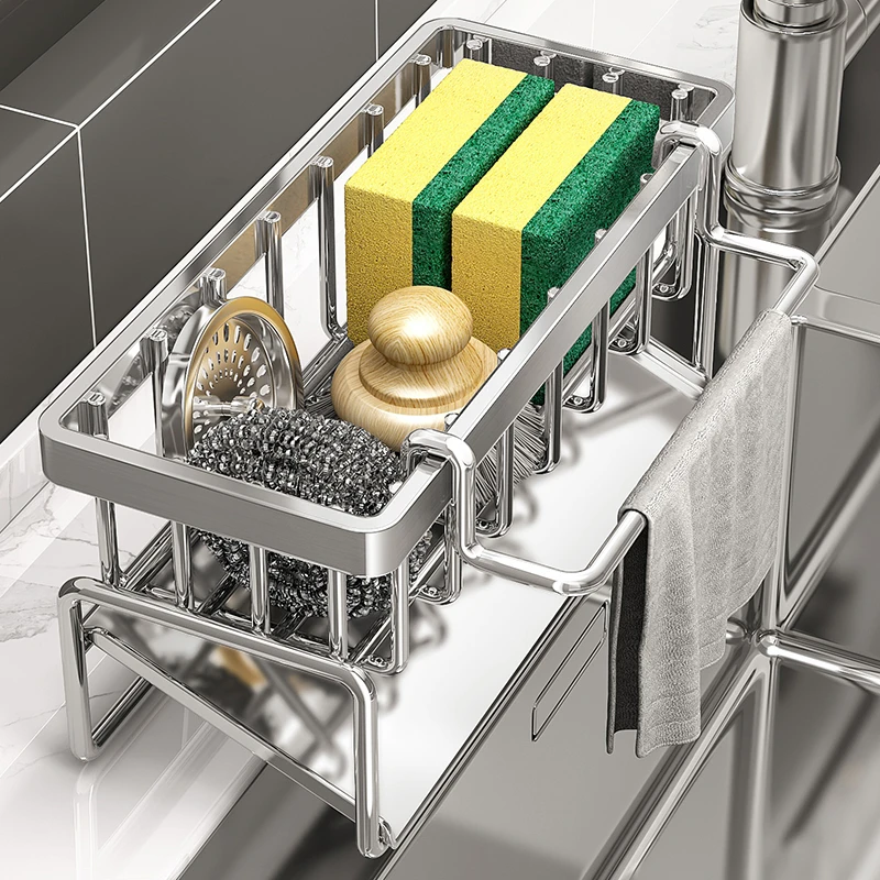 优勤厨房置物架不锈钢水槽抹布沥水架水龙头池边洗碗钢丝球收纳架