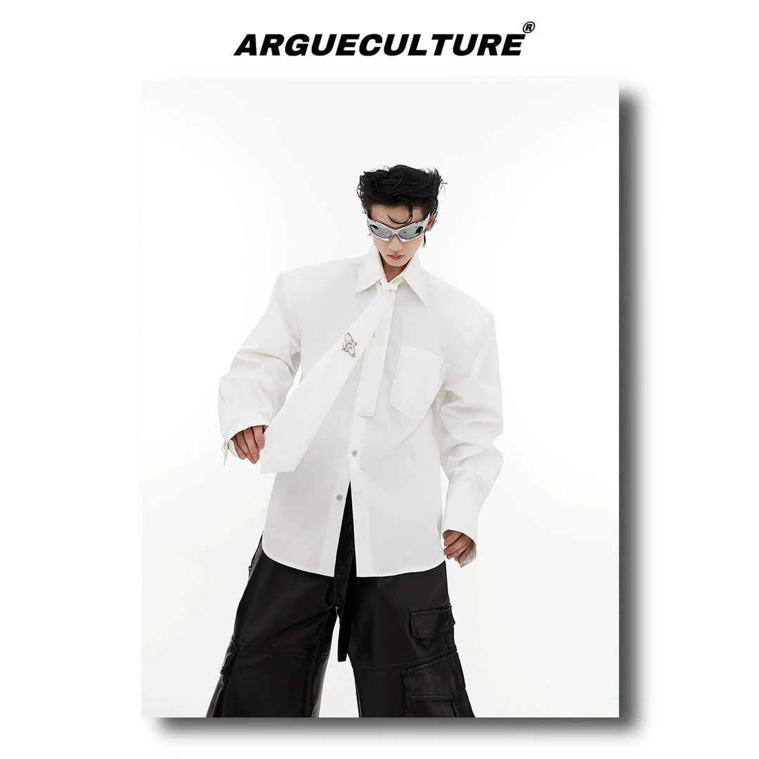 CulturE早秋小众领带拼接设计感垫肩白衬衫宽松廓形开衫简约上衣