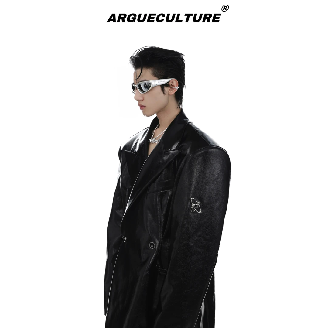CulturE春小众立体垫肩PU皮西服金属logo设计廓形西装外套皮衣男