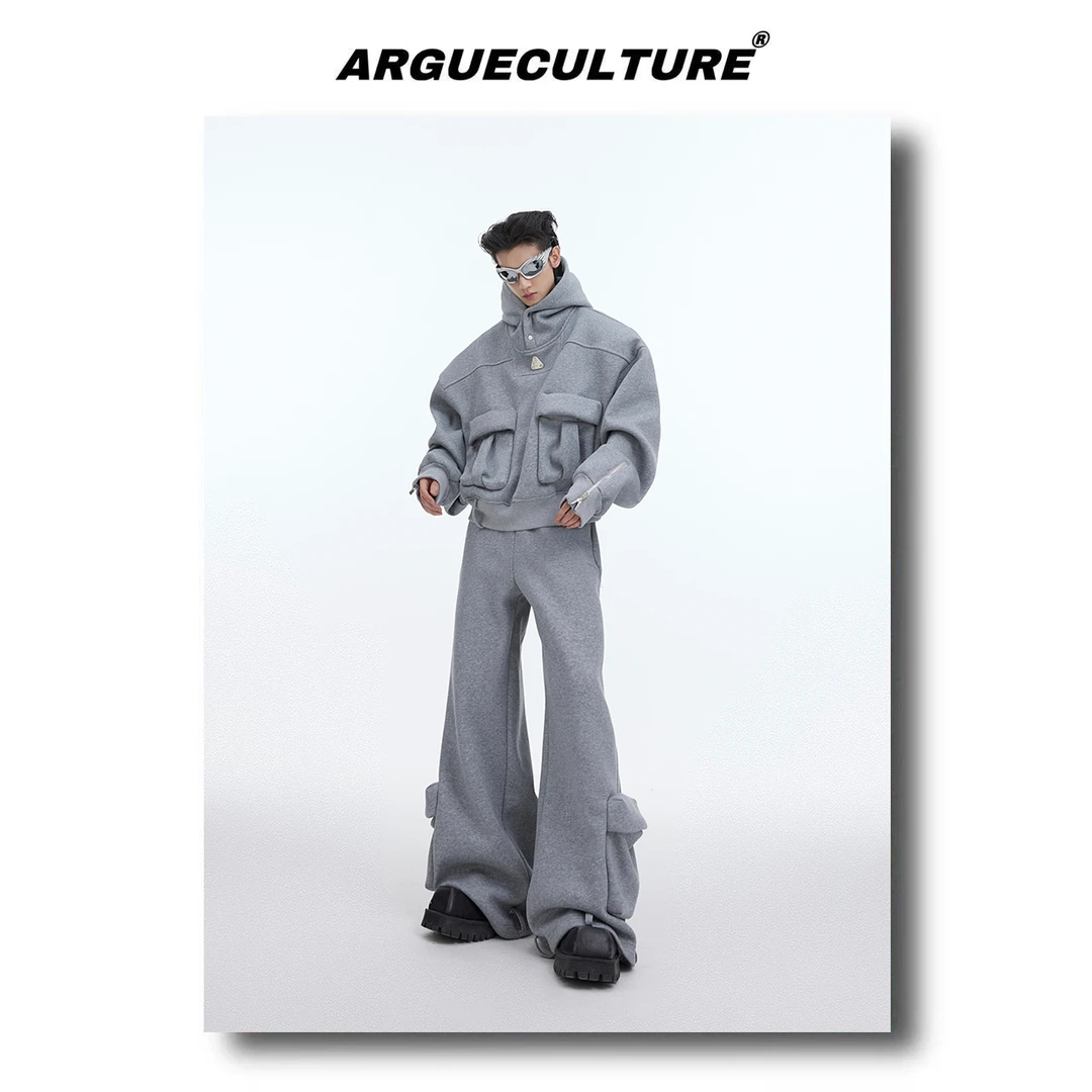 CulturE重磅小众立体大口袋设计感加绒连帽卫衣解构宽松运动套装