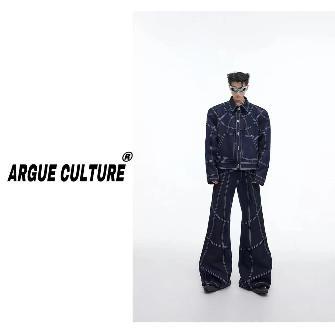 CulturE小众结构压线复古水洗牛仔夹克套装金属纽扣设计感外套男