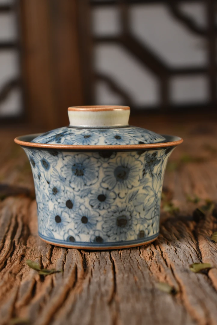 【朴云堂】手绘青花 马蹄形万花盖碗120cc  复古中式