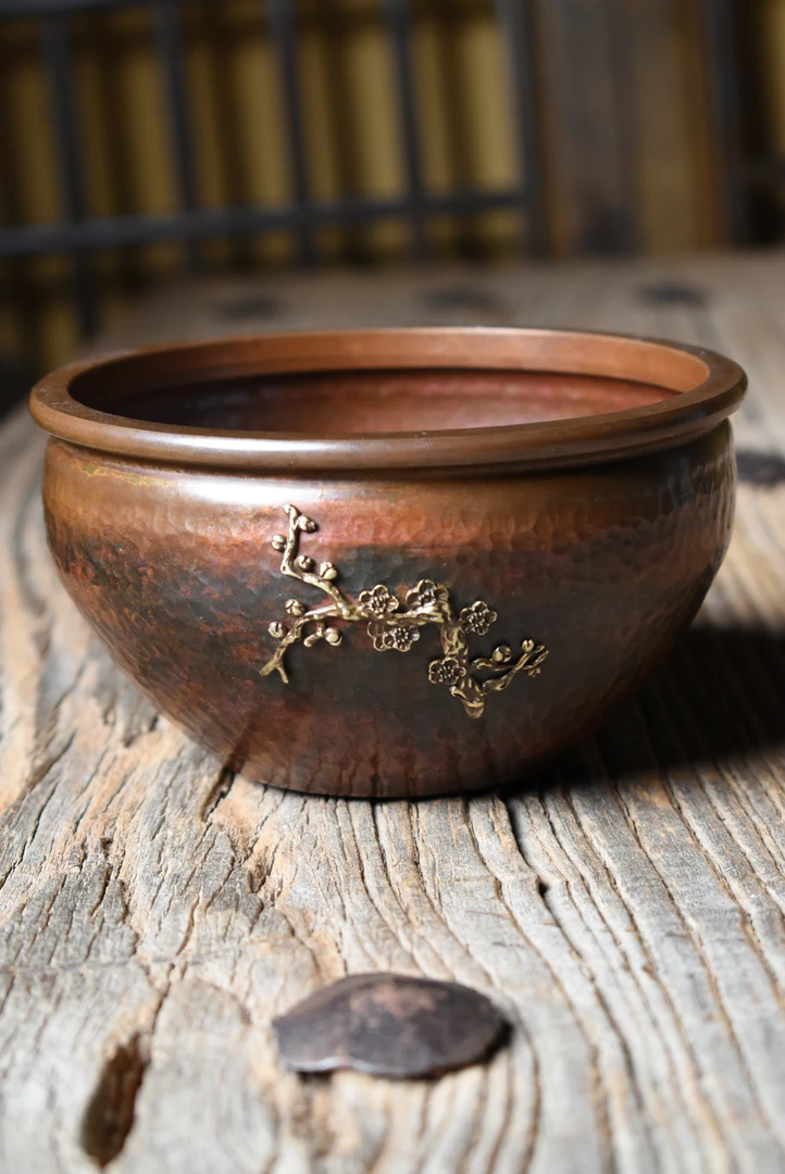 【铜缸】复古锤纹肌理 寒梅纯铜建水 茶渣缸 大容量 800cc