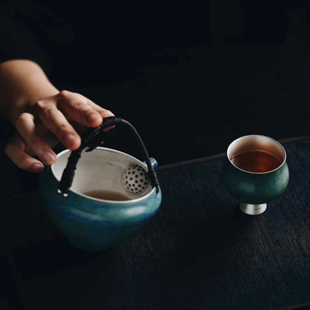 梵汝新品 官绿釉 藤编提梁泡茶碗 中式复古 公道杯