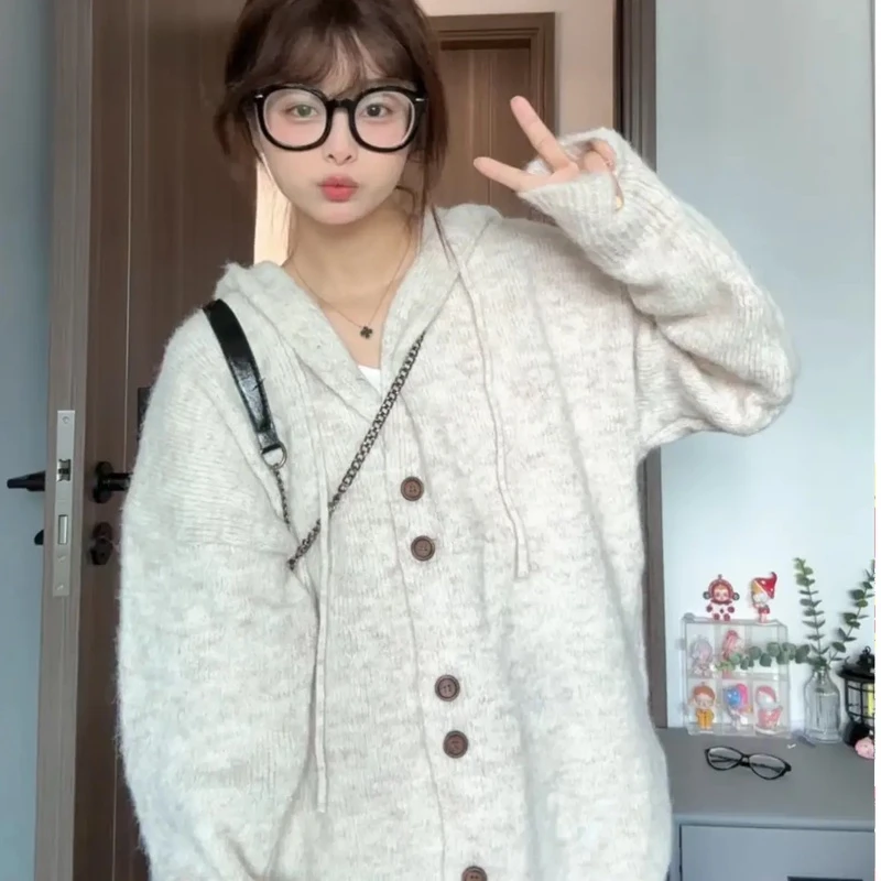 温柔连帽毛衣女韩系秋冬慵懒风别致加厚连帽针织开衫宽松上衣外套