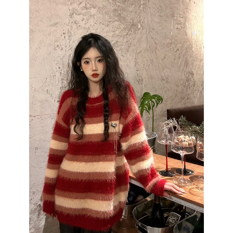 红色条纹仿貂绒软糯圆领宽松套头慵懒风ins长袖针织衫上衣女