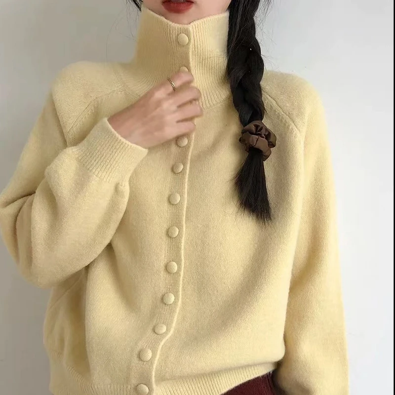 高领针织开衫女2024秋冬季新款复古韩系慵懒风高级感宽松毛衣外套