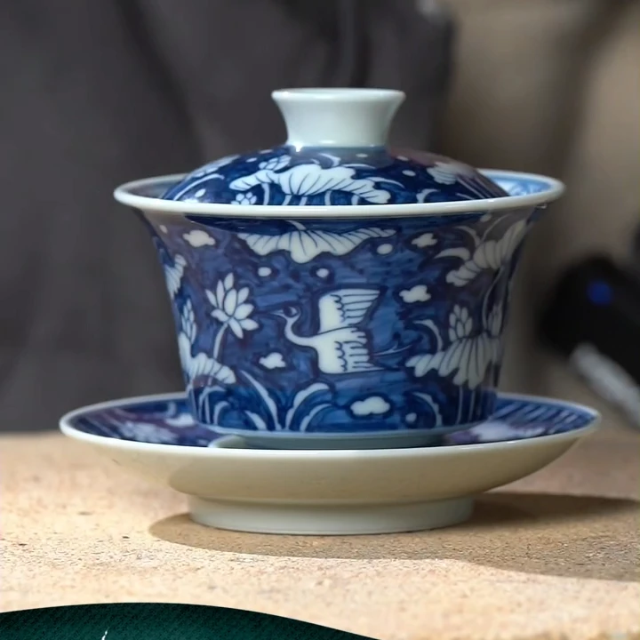 景德镇陶瓷 一鹭莲升三才盖碗