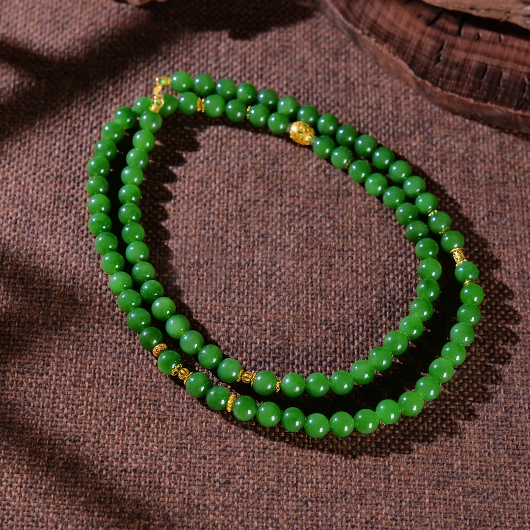 【小雨来了】18k金和田玉8mm碧玉长链 项链 毛衣链 多样性发一件