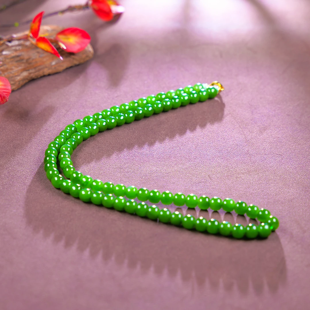 【小雨来了】18k金和田玉碧玉苹果绿老型珠项链 和田玉项链 长链