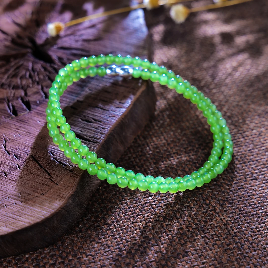 【小雨来了】和田玉碧玉苹果绿配925银扣头颈链 和田玉项链 锁骨链