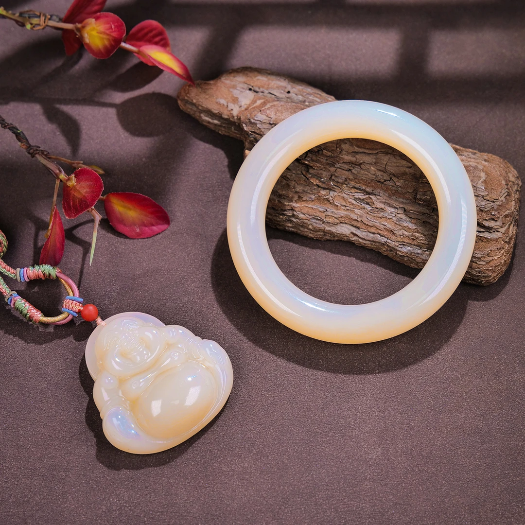 【小雨来了】和田玉藕粉手镯+藕粉大肚佛吊坠套装 玉手镯和田玉吊坠