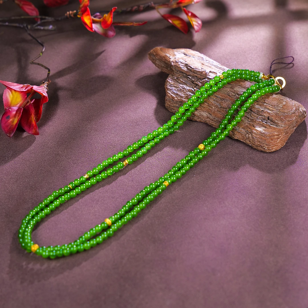 【小雨来了】18k金和田玉4mm碧玉手机挂 挂件 包包挂 略有不同