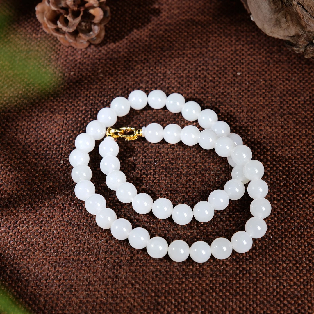 【小雨来了】和田玉10mm白玉仙女链配925银扣头 白玉项链  女神链