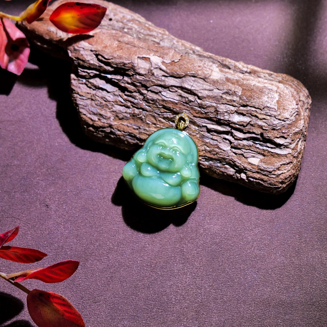 【小雨来了】18K金镶和田玉碧玉猫眼大肚佛公吊坠  多样性发一件