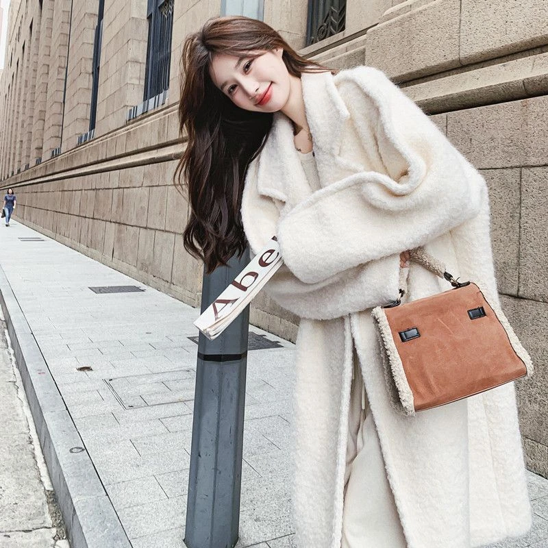 奶白色粗花呢子大衣加厚长款过膝羊羔毛毛呢外套女冬季新款