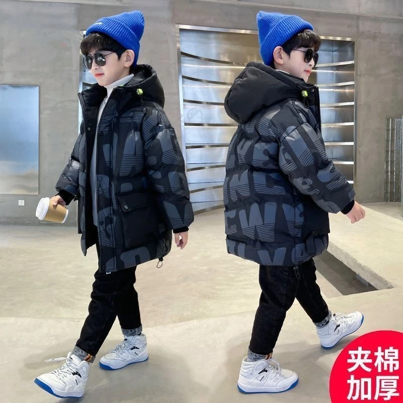 男童洋气字母棉衣中长款中大童休闲帅气冬装棉袄加厚保暖羽绒棉服