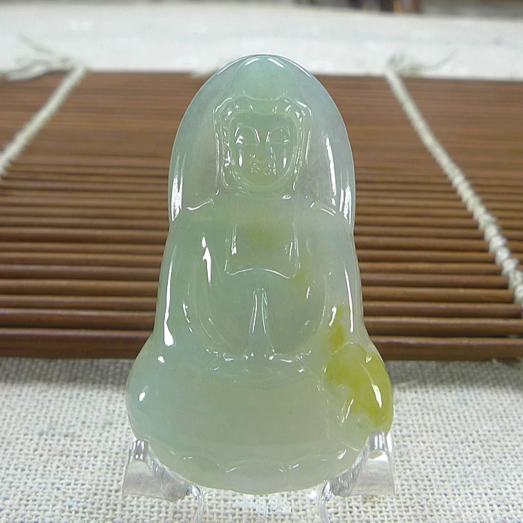 缅甸天然翡翠A货 老坑冰种冰黄翡观音吊坠