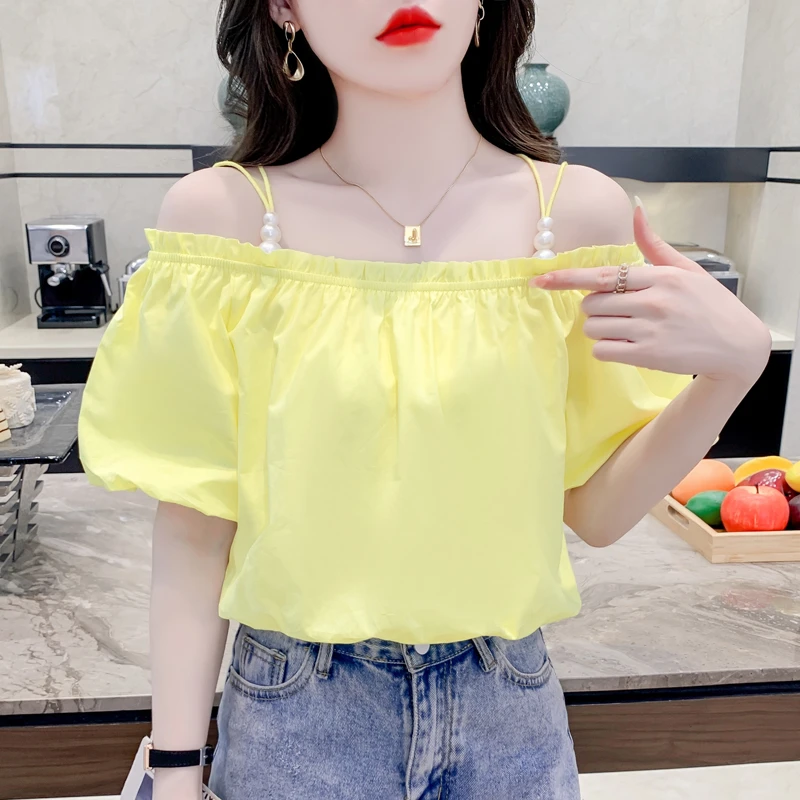 实拍时髦泡泡袖露肩吊带衬衫女2024夏法式设计感一字肩修身短上衣