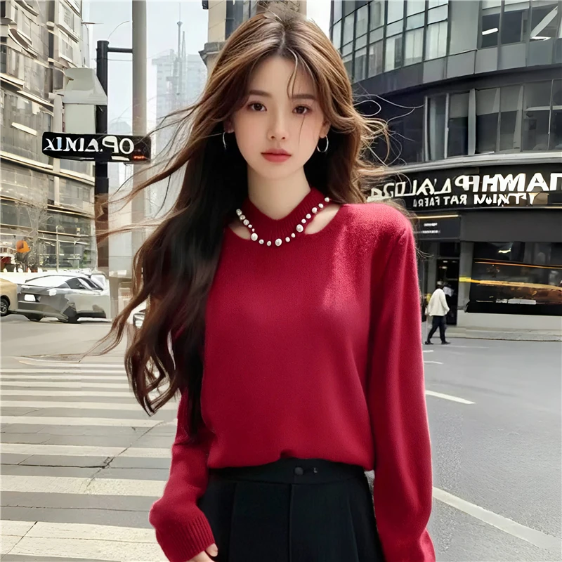 AI图现货 珍珠花边针织上衣女冬宽松内搭设计感小众2024年秋冬