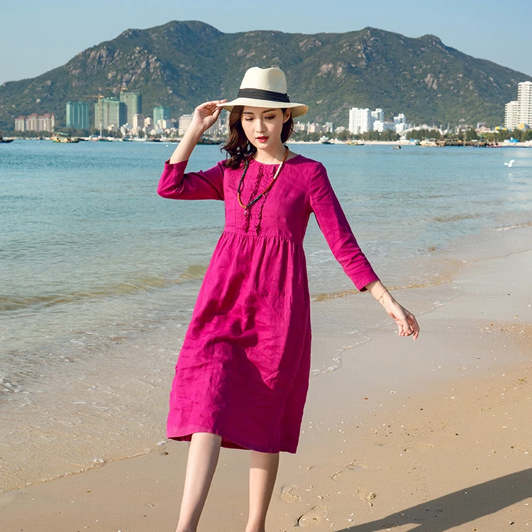 文艺旅游裙三亚沙滩裙海边度假裙棉麻连衣裙长袖中长款显瘦春原创