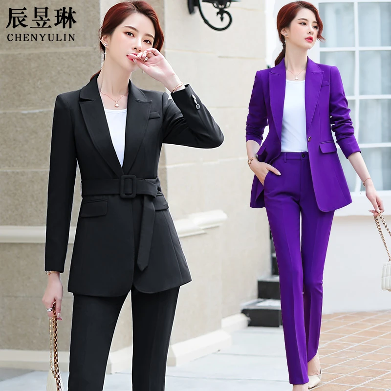 紫色西装外套女士韩版高端职业装气质时尚春秋网红中长款腰带西服
