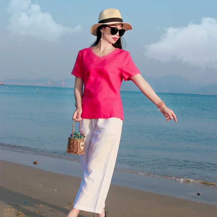休闲亚麻上衣女v领短袖大码衬衫棉麻宽松打底衫玫红色t恤短款小衫