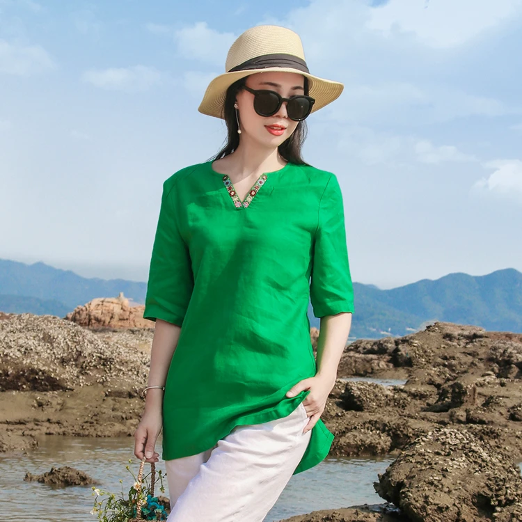 亚麻重工刺绣衬衫女宽松长t恤中长款v领上衣大码短袖棉麻小衫绣花