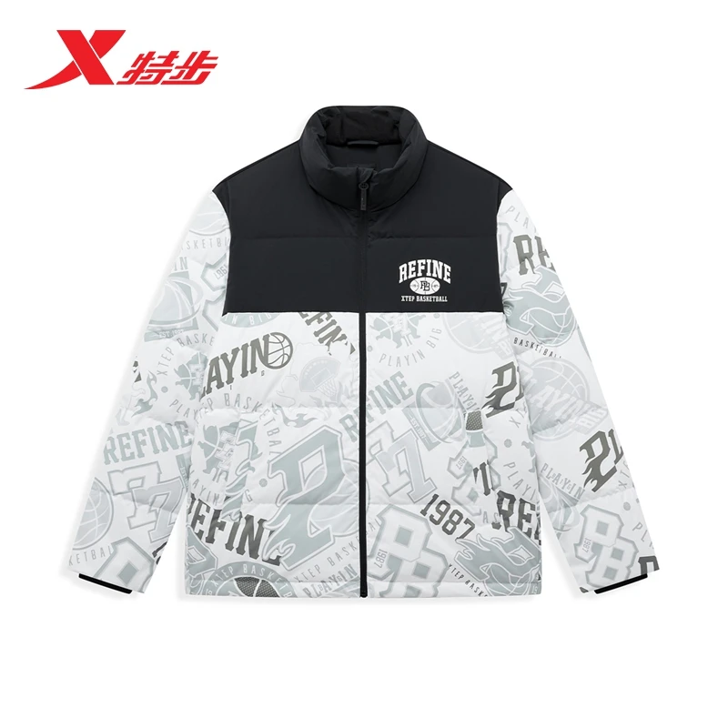 特步服男子2024冬季新款时尚满印立领保暖外套男976429190091男士