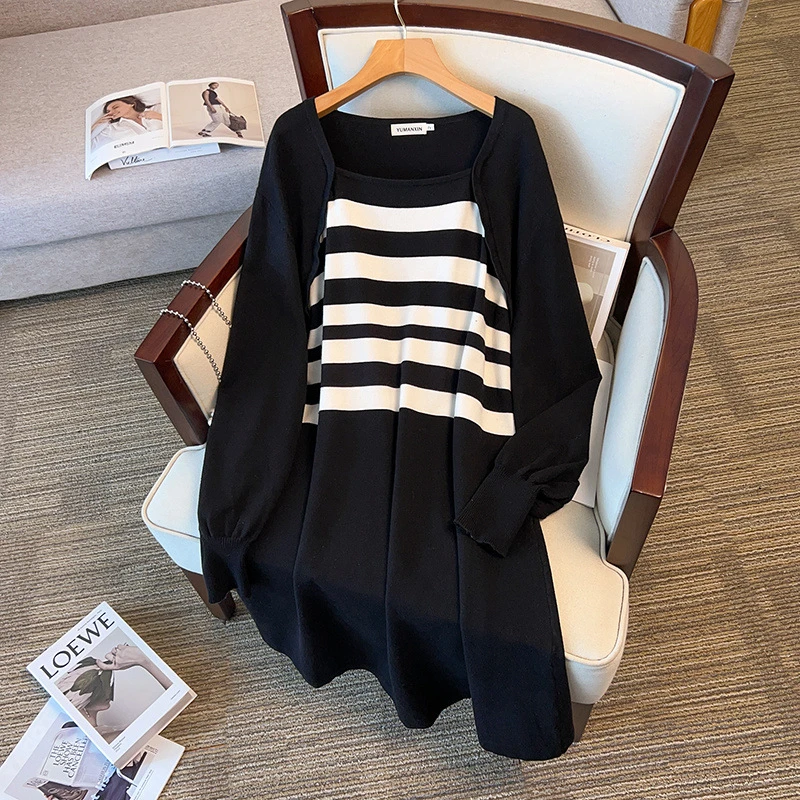 大码女装300斤休闲条纹拼接百搭打底中长款毛衣连衣裙8371