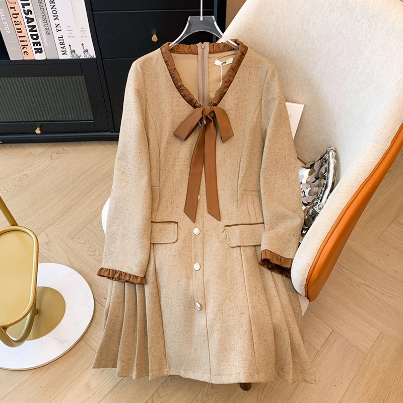 大码女装300斤时尚学院气质法式小香风百褶中长款连衣裙66663